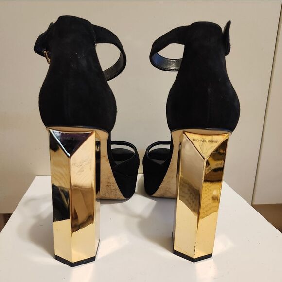 Michael Kors "Petra" Black Suede Gold Metal Heel Platform Sandals Sz.8 Ret.$175 - Picture 5 of 12